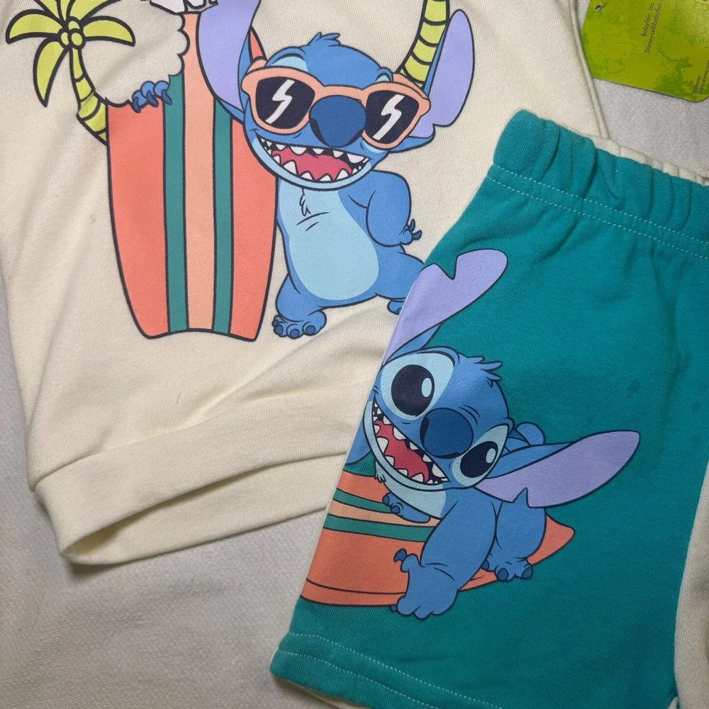 Disney Stitch Kids 2-Piece Set Sleeveless Hoodie and Shorts‎ Cream Teal 3T NEW